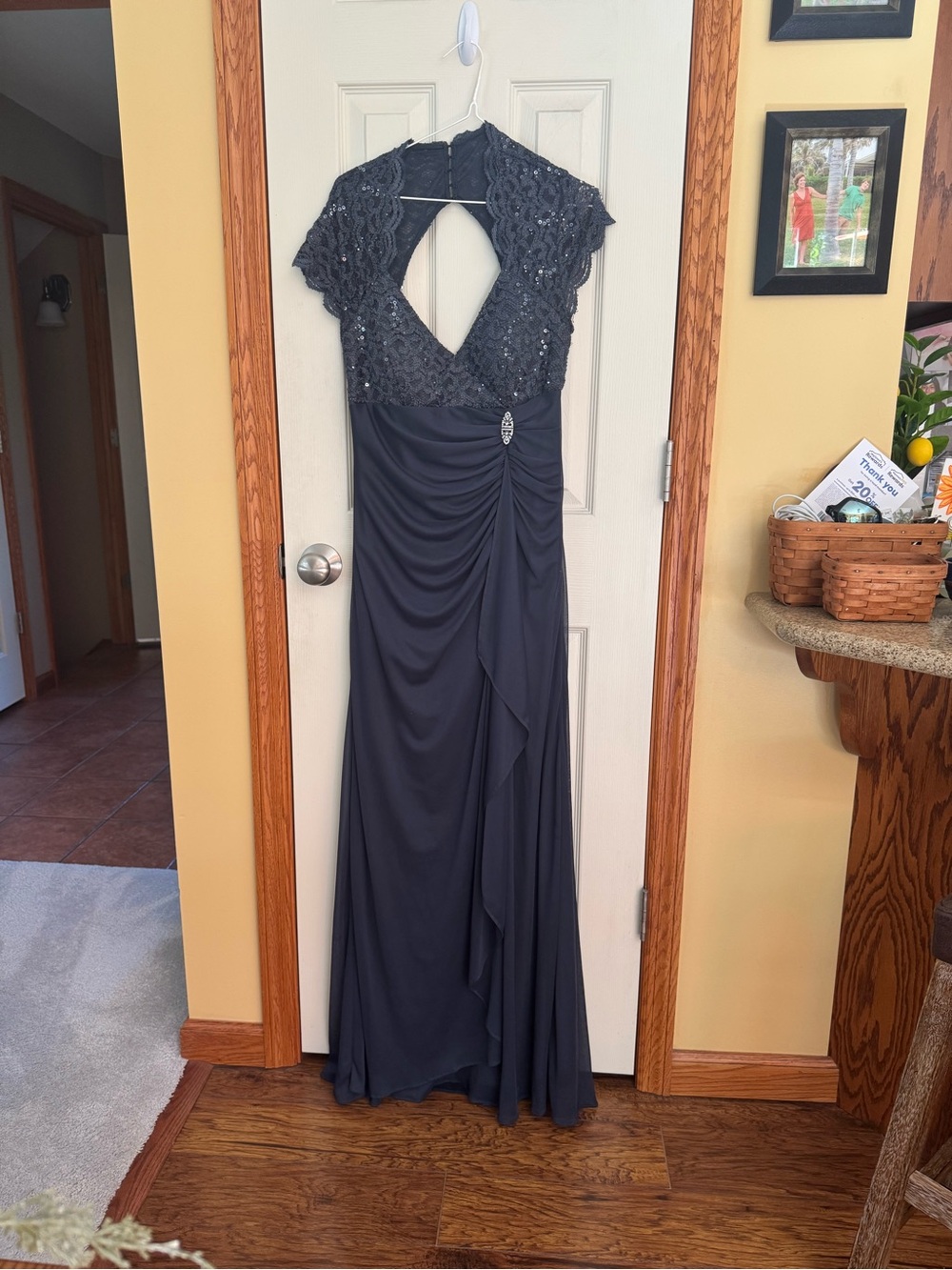 Navy Blue Lace Bodice Long Sleeve Evening Gown